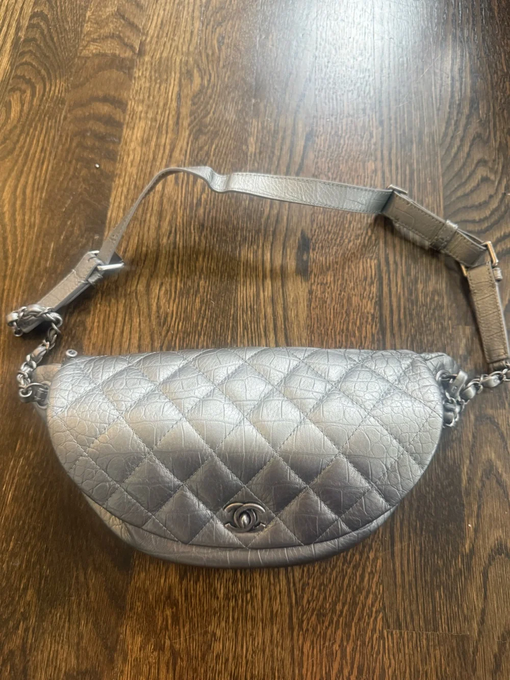 CHANEL Metallic Silver Quilted Crossbody Bag